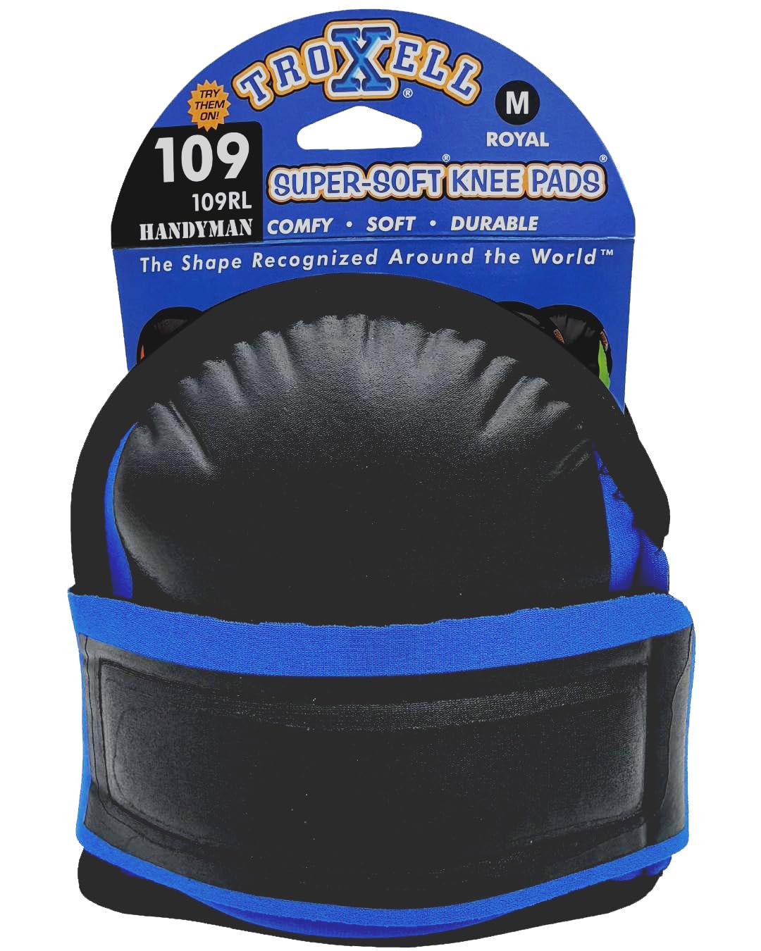 TroxellUSA SuperSoft Royal 109 knee pads worn on knee, showing ergonomic fit and secure straps.
