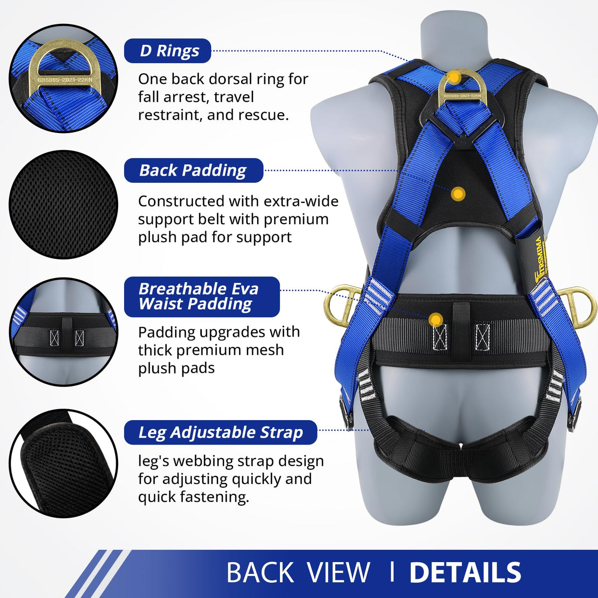 TRSMIMA roofing harness showing durable dorsal D-ring for fall arrest.