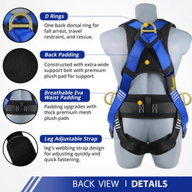 TRSMIMA roofing harness showing durable dorsal D-ring for fall arrest.
