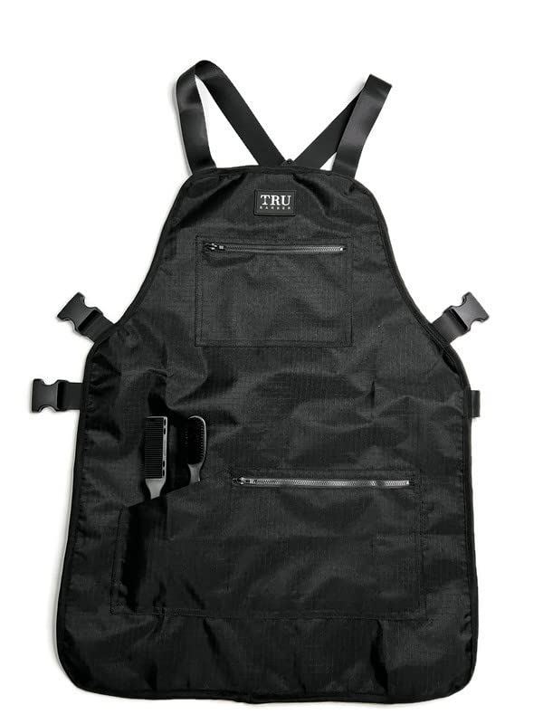 TRU BARBER black apron with front pockets for quick tool access.