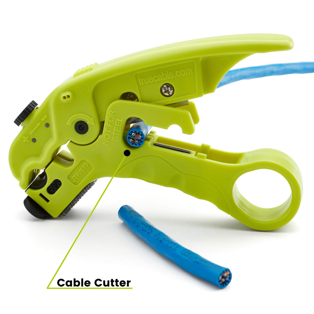 TRUE CABLE ethernet stripper handles Cat5e through Cat6A with adjustable strip depth.