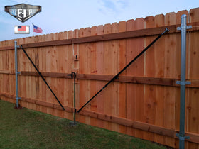 TRUE LATCH gate brace on wood fence in use showing sag reversal
