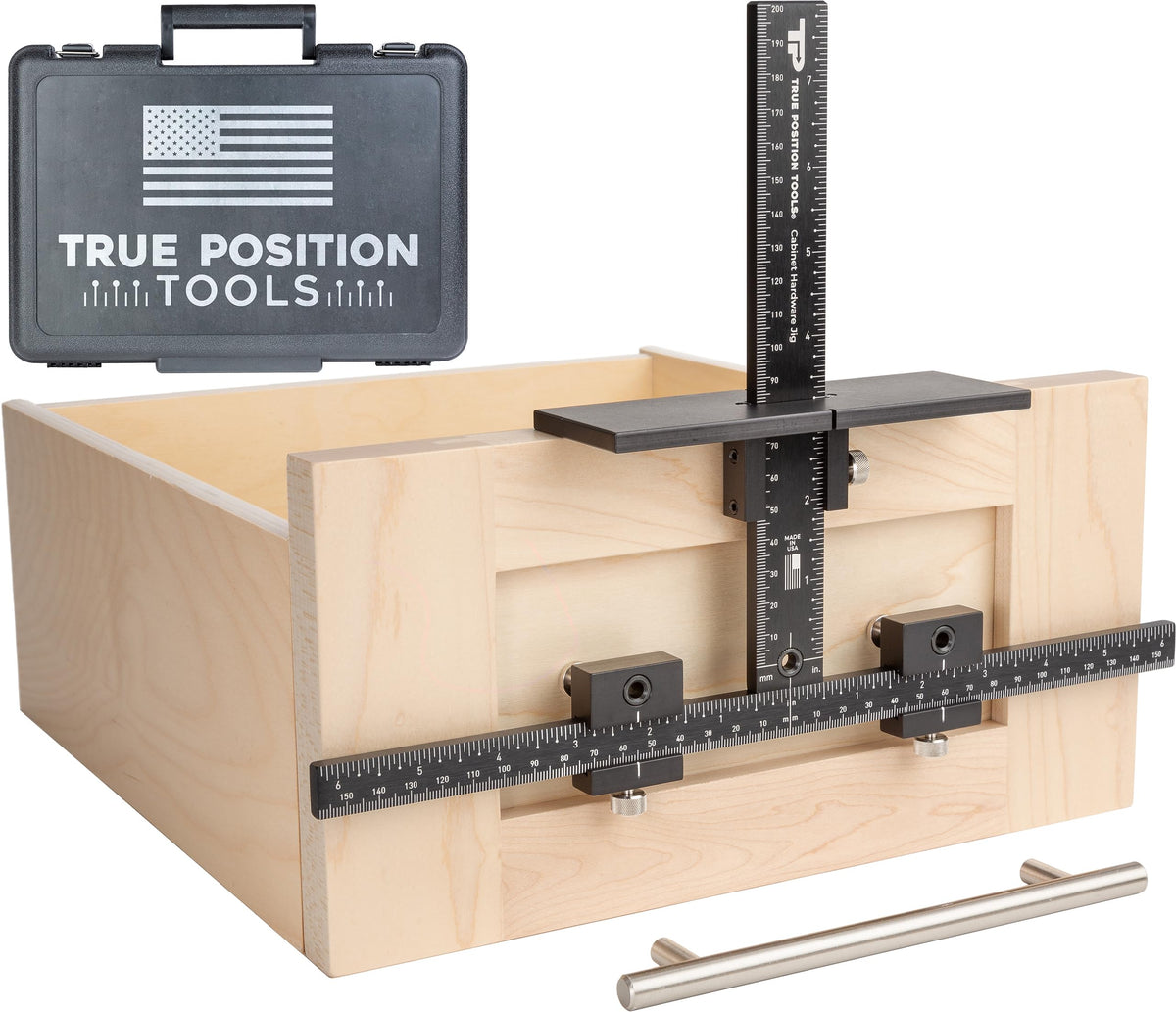 True Position Tools cabinet jig demonstrates precision setup for knob alignment.