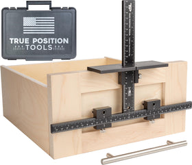 True Position Tools cabinet jig demonstrates precision setup for knob alignment.