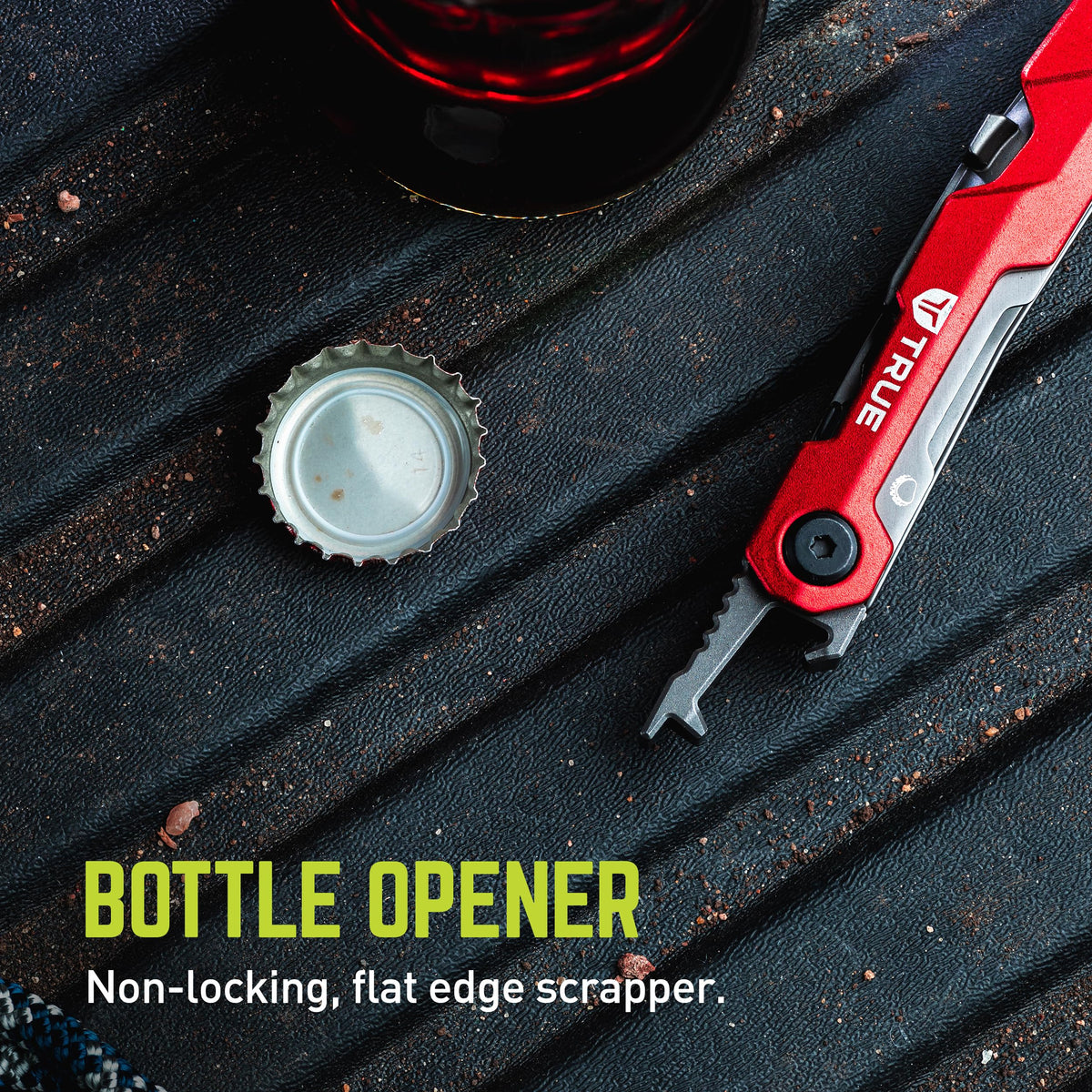 TRUE Titanium Block Multitool bottle opener for quick refreshment during tasks.