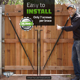 True Latch black hardware kit on outdoor gate provides anti-sag support