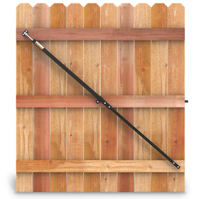 True Latch gate brace installed stabilizes sagging wooden gate