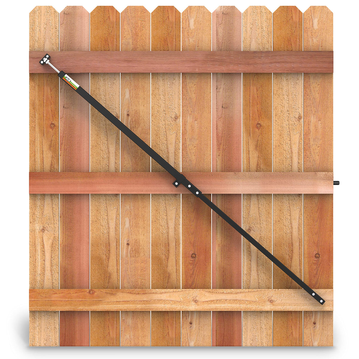 True Latch gate brace installed stabilizes sagging wooden gate