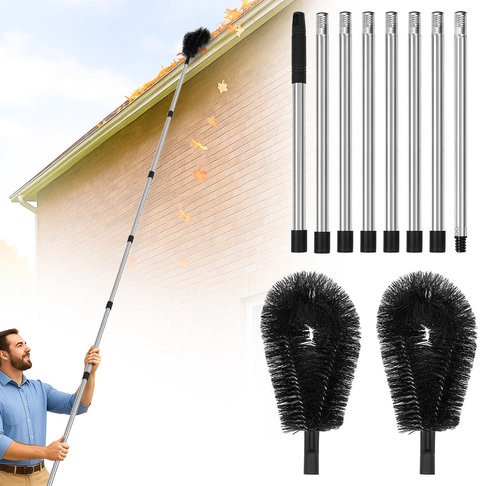 TrueYee 10.5ft gutter brush with angled head reaching deep gutters for thorough cleaning.
