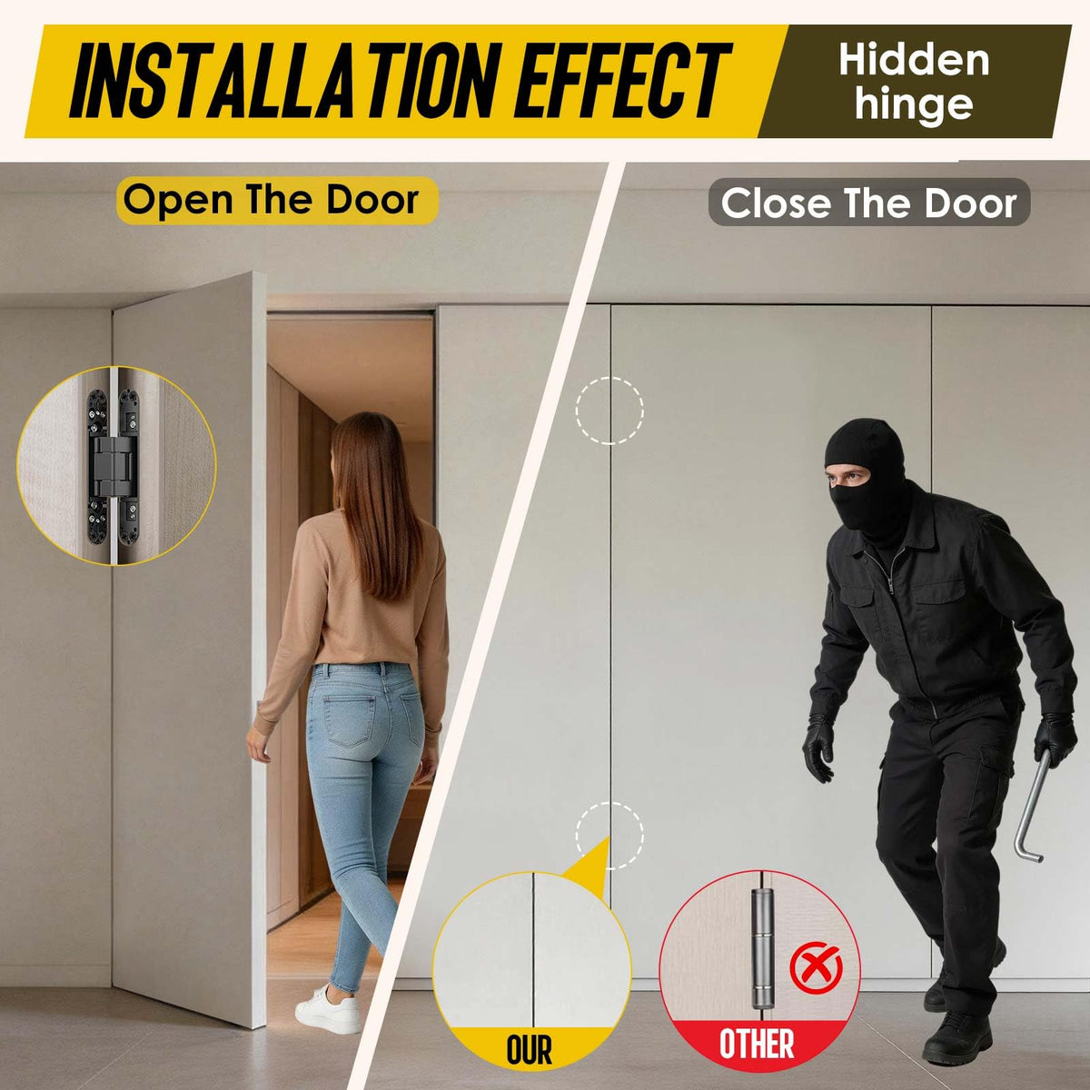 TruGroove Hidden Door Hinge adjustment dials illustrate easy three-axis tuning without removing the door.