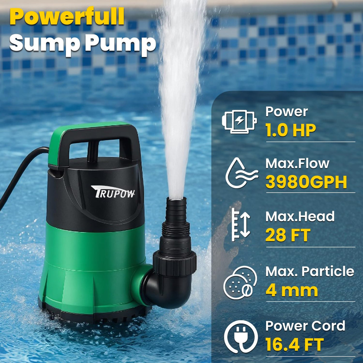 TRUPOW 1HP sump pump discharge connection showing standard size for easy setup.