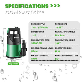 TRUPOW 1HP thermoplastic body offers durability and lightweight portability.