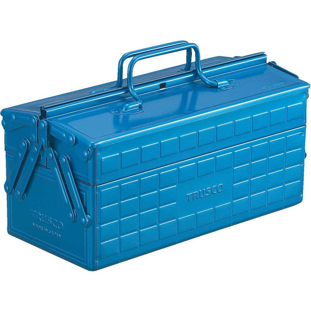 Trusco ST-350-B two-level toolbox front view shows compact blue steel design for easy transport.