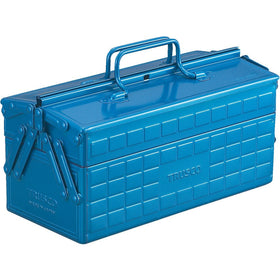 Trusco ST-350-B two-level toolbox front view shows compact blue steel design for easy transport.