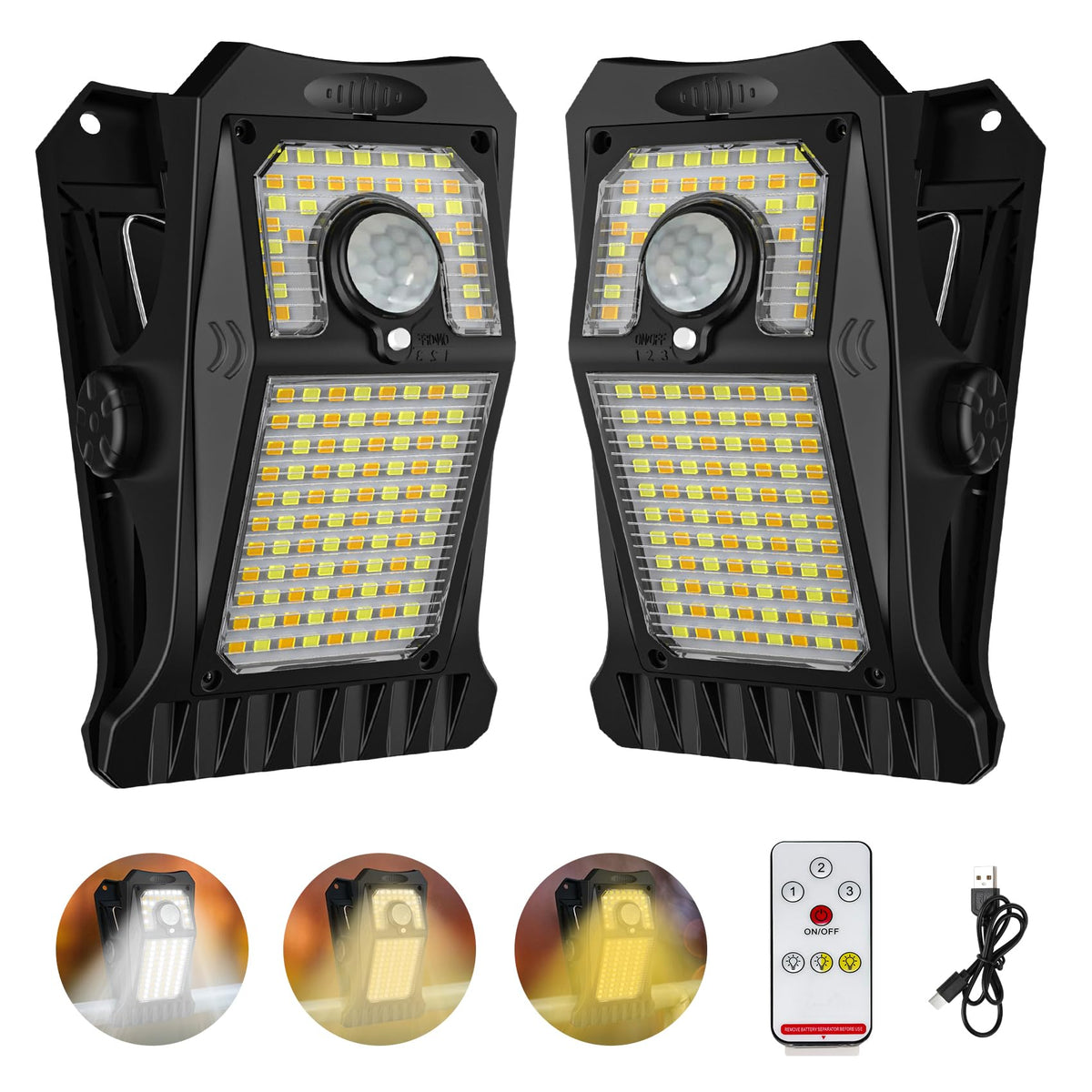 Tryme 118 LEDs solar outdoor lights with clip-on mounting for yard lighting.