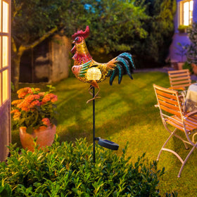Tryme rooster bright colors enhance patio decor with cheerful vibes.