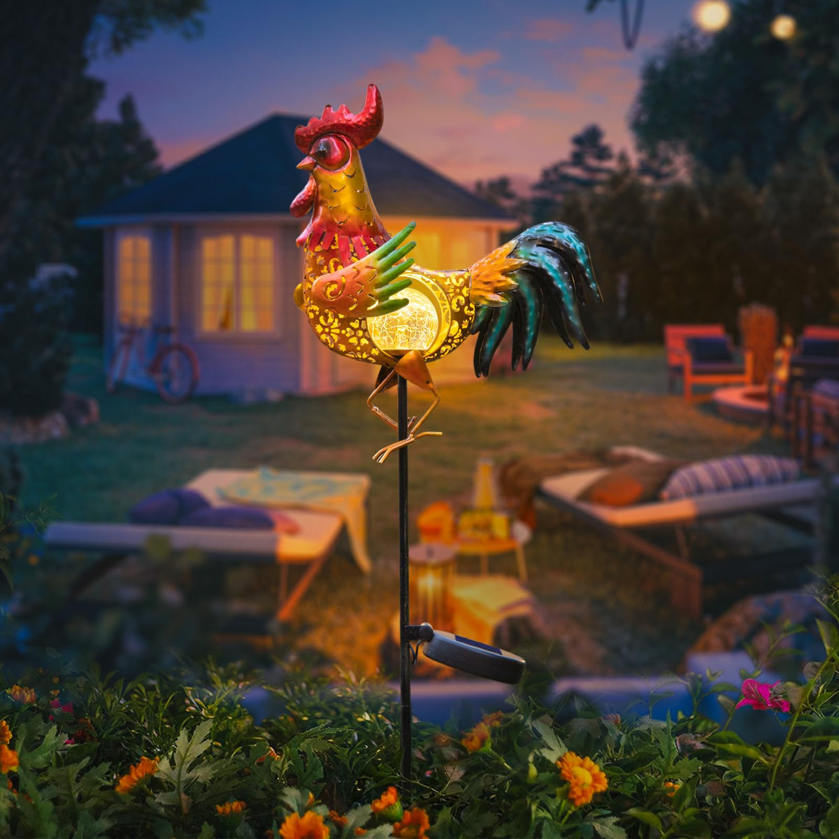 Tryme rooster night glow lights up walkways with subtle illumination.