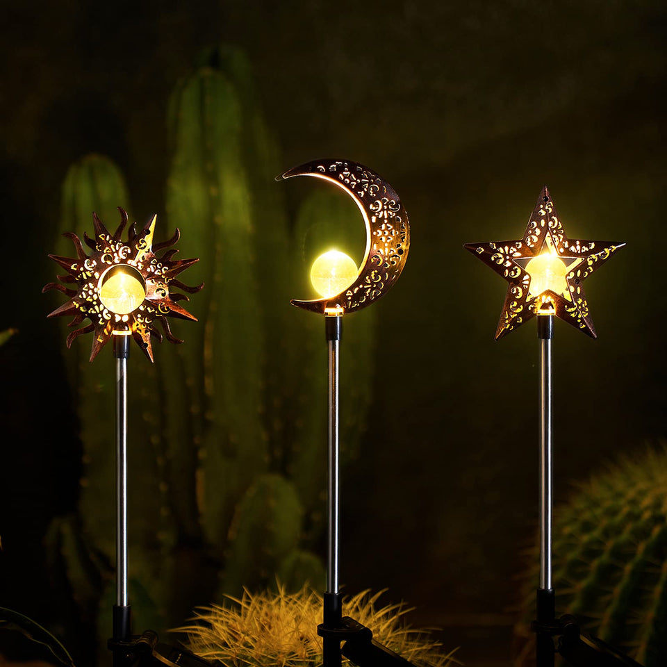 Tryme Moon solar garden stake lights create a romantic glow along pathways