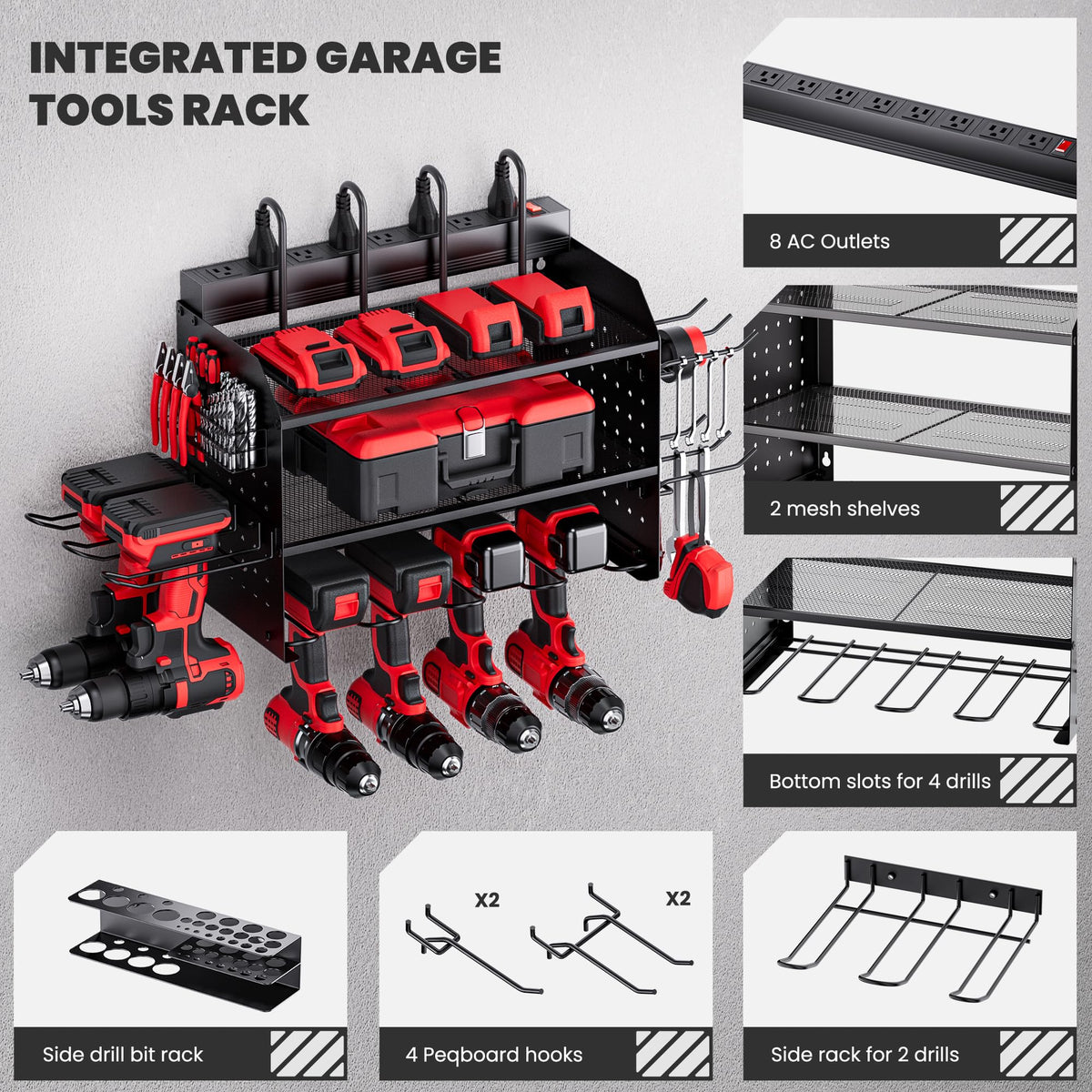 Side pegboards on TRZZ organizer with long hooks for DIY customization
