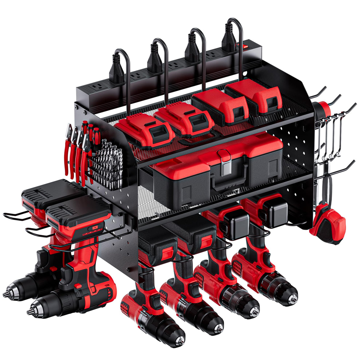 TRZZ power tool organizer wall mount with eight outlets for convenient charging