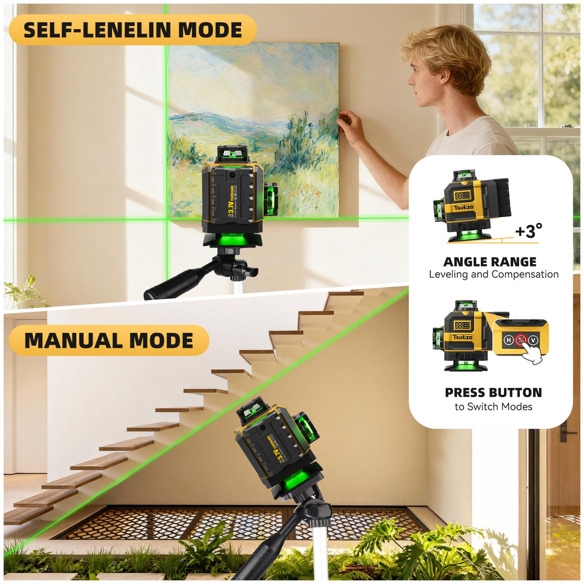 Tsokzo green laser beam with auto-leveling aids indoor picture hanging.
