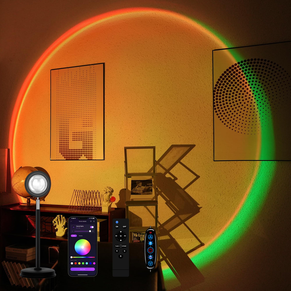 Tsrarey Sunset Lamp Projector remote control setup for cozy living room lighting.