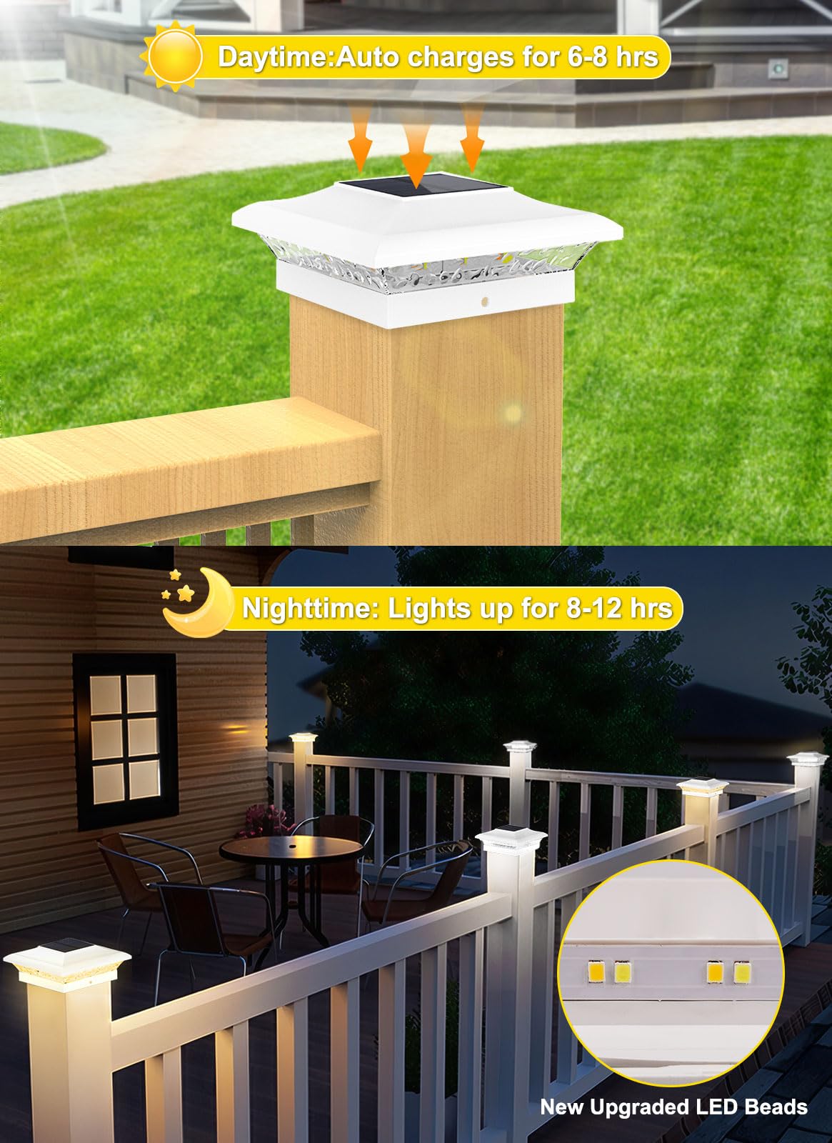 T-SUN glowing post-cap on a wooden deck shows gentle path lighting