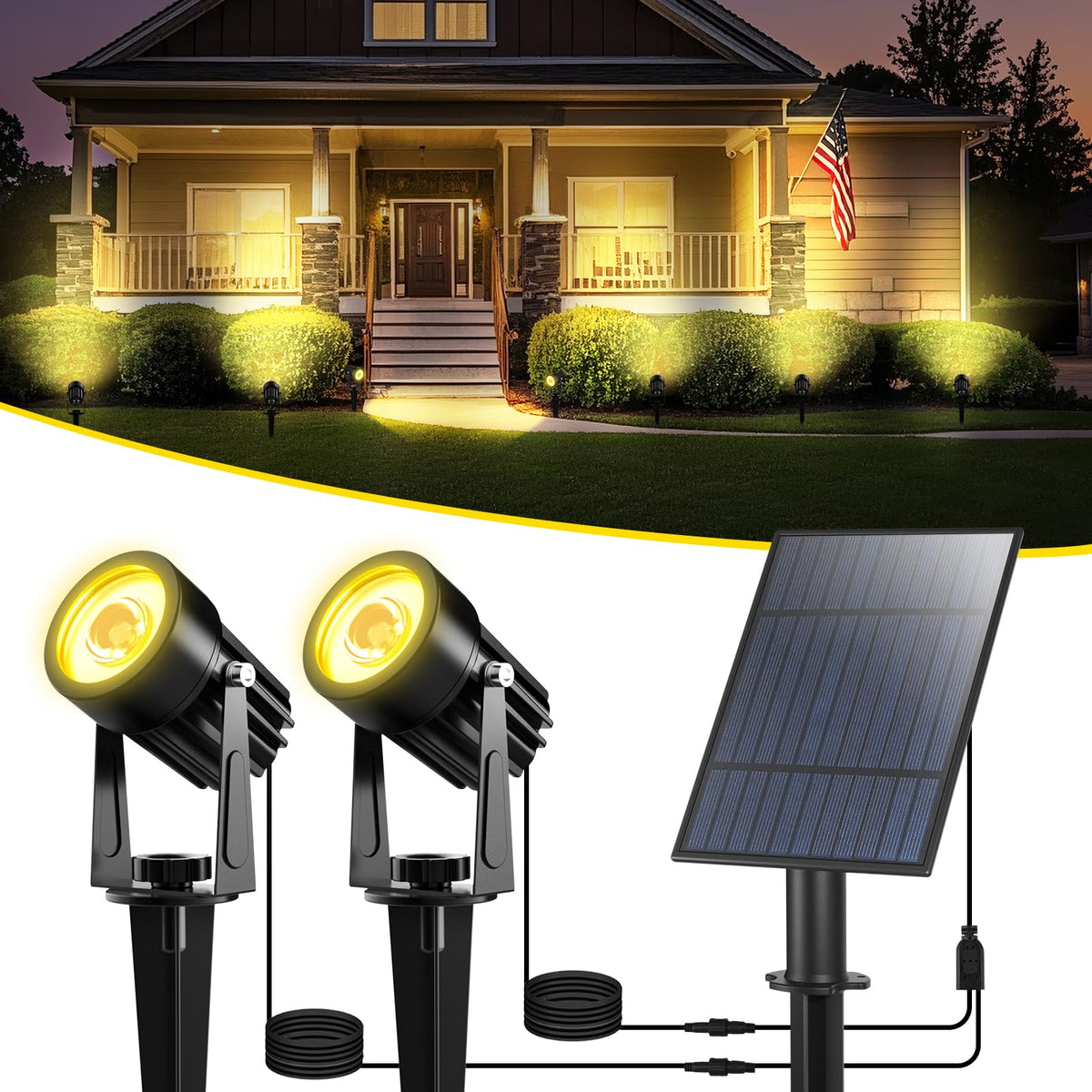 T-SUN Solar Spotlights with dual headlamps for wall mounting, creates focused outdoor lighting.