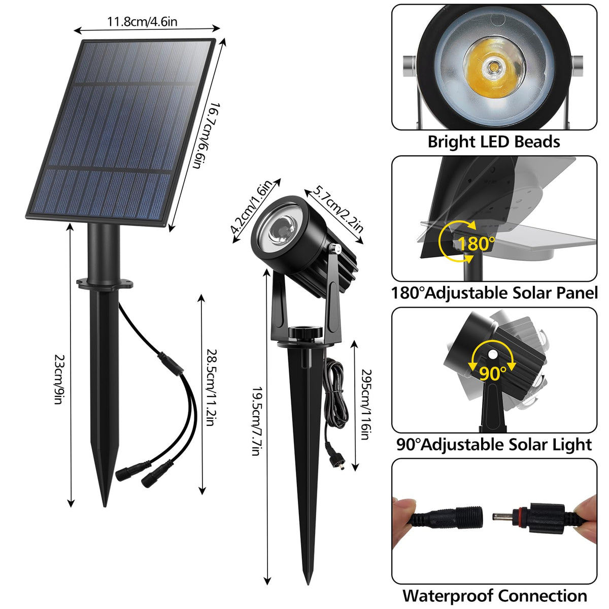 T-SUN Solar Spotlights dual head design covers larger areas.
