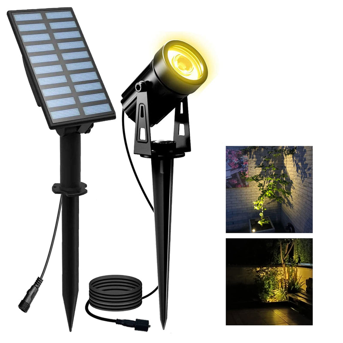 T-SUN solar spotlight on a tree providing warm white illumination for outdoor ambiance.