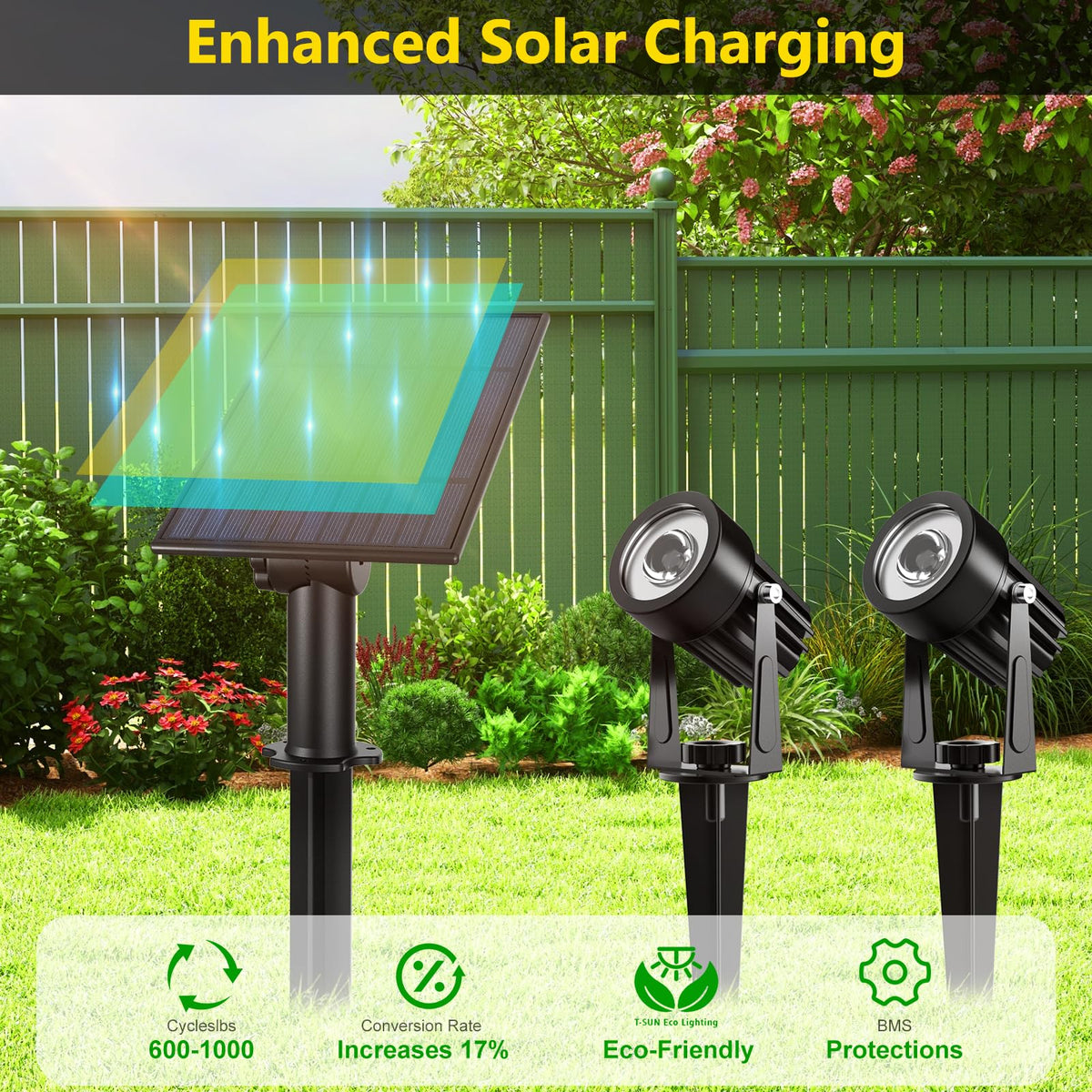 T-SUN Solar Spotlights warm white illumination enhances garden ambience.
