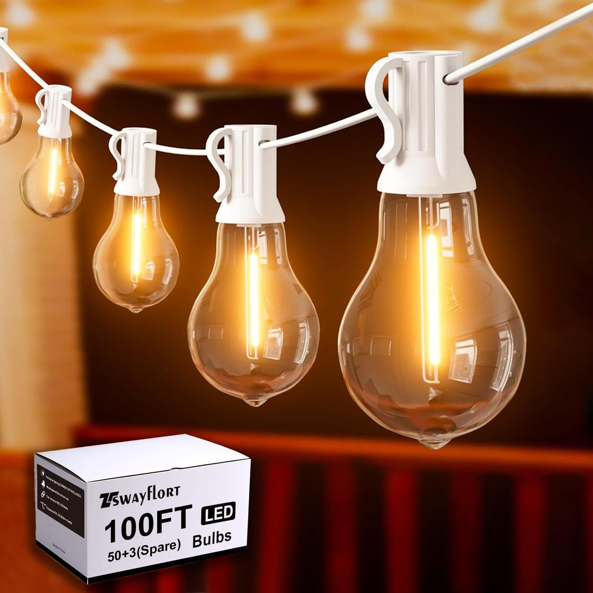 Tswayflort outdoor string lights 100ft for patios and porches with warm white bulbs.