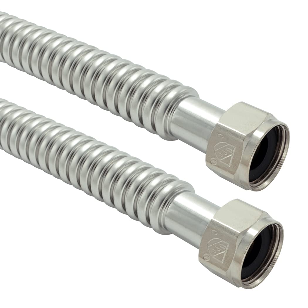 TT FLEX stainless steel corrugated water heater connector shows anti-kink flexibility for reliable plumbing.