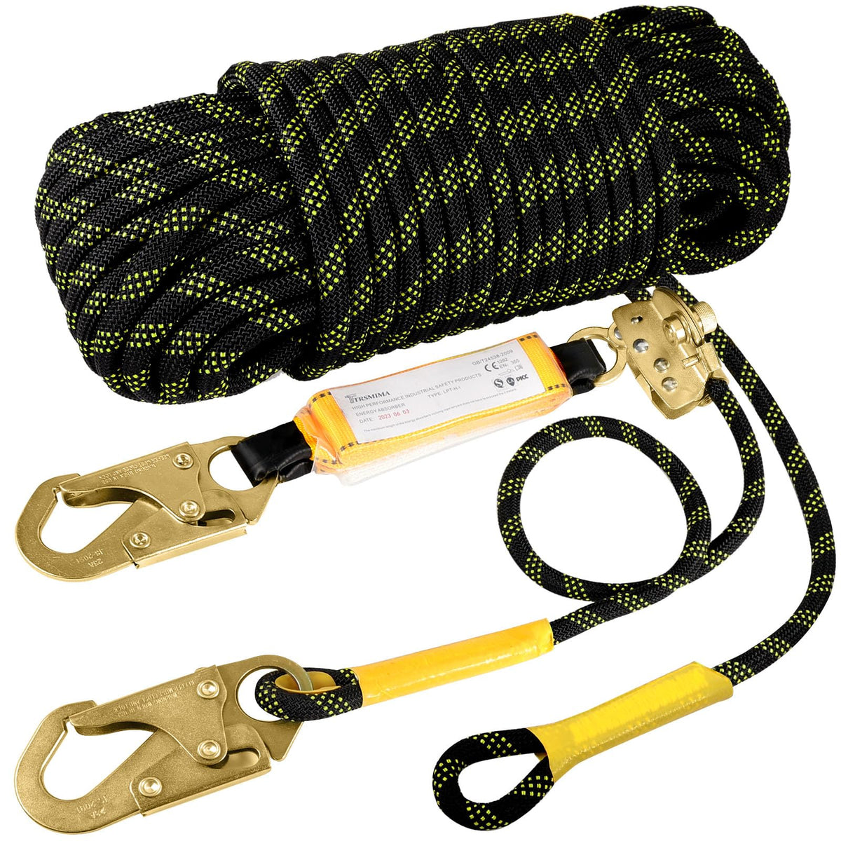 TT TRSMIMA rope harness with 50ft vertical rope for secure roof work and fall protection.