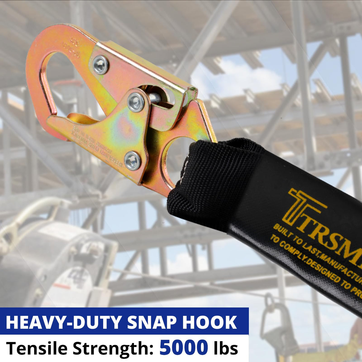 TT TRSMIMA 6 ft shock-absorbing lanyard reduces fall risk on sites.