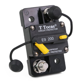 TTocas E9 front view; rugged 200A breaker for 12–48V systems.