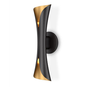 Tubicen Xiphos wall sconce front view with black exterior and gold interior, dramatic accent lighting.