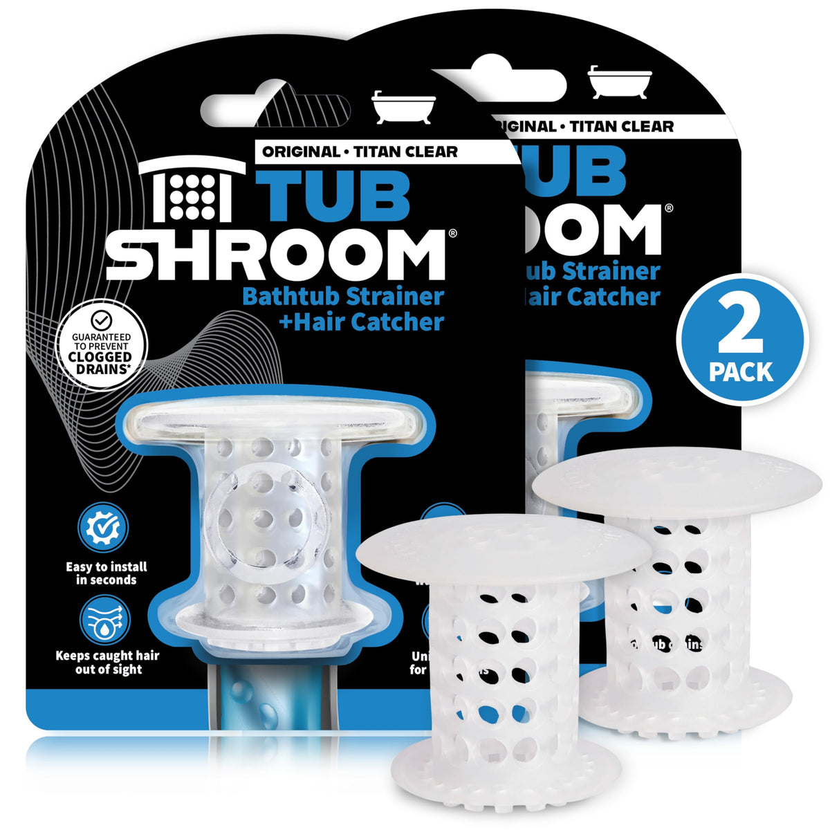 TubShroom in-drain hair catcher visible inside tub drain showing hair capture