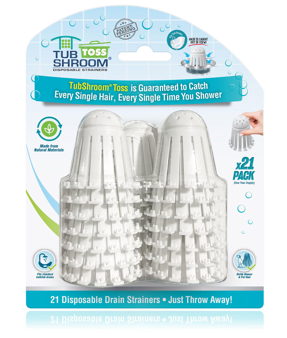 TubShroom Toss 21pk packaging shows a year-long drain protection supply.