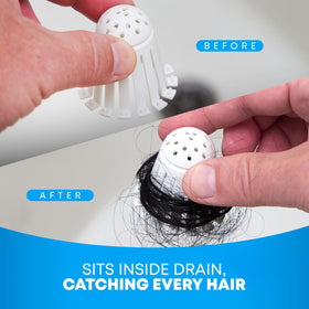 TubShroom Toss close-up captures hair in the strainer preventing blockages.