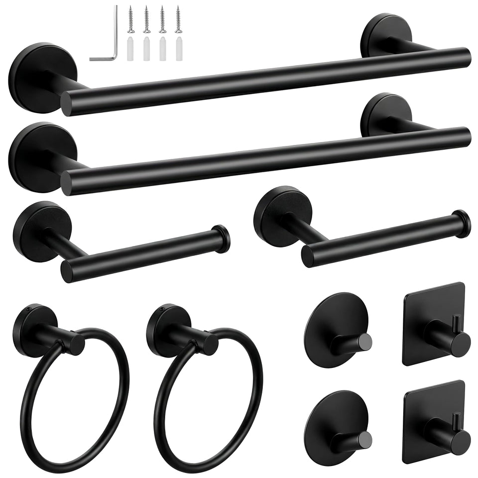 Tudoccy 10-piece matte black bathroom set on wall, keeping towels tidy.