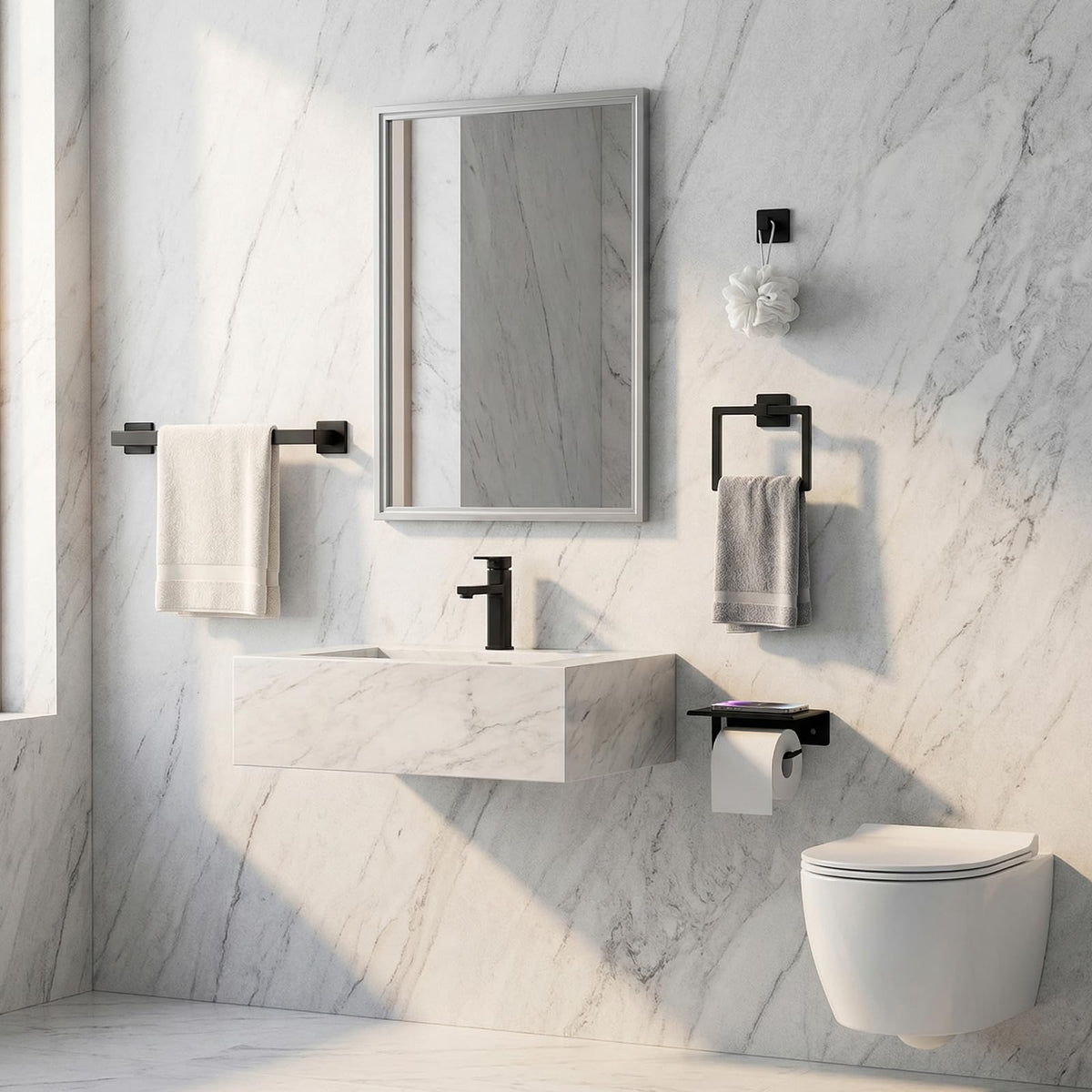 Tudoccy matte black towel ring adds a cohesive, organized look