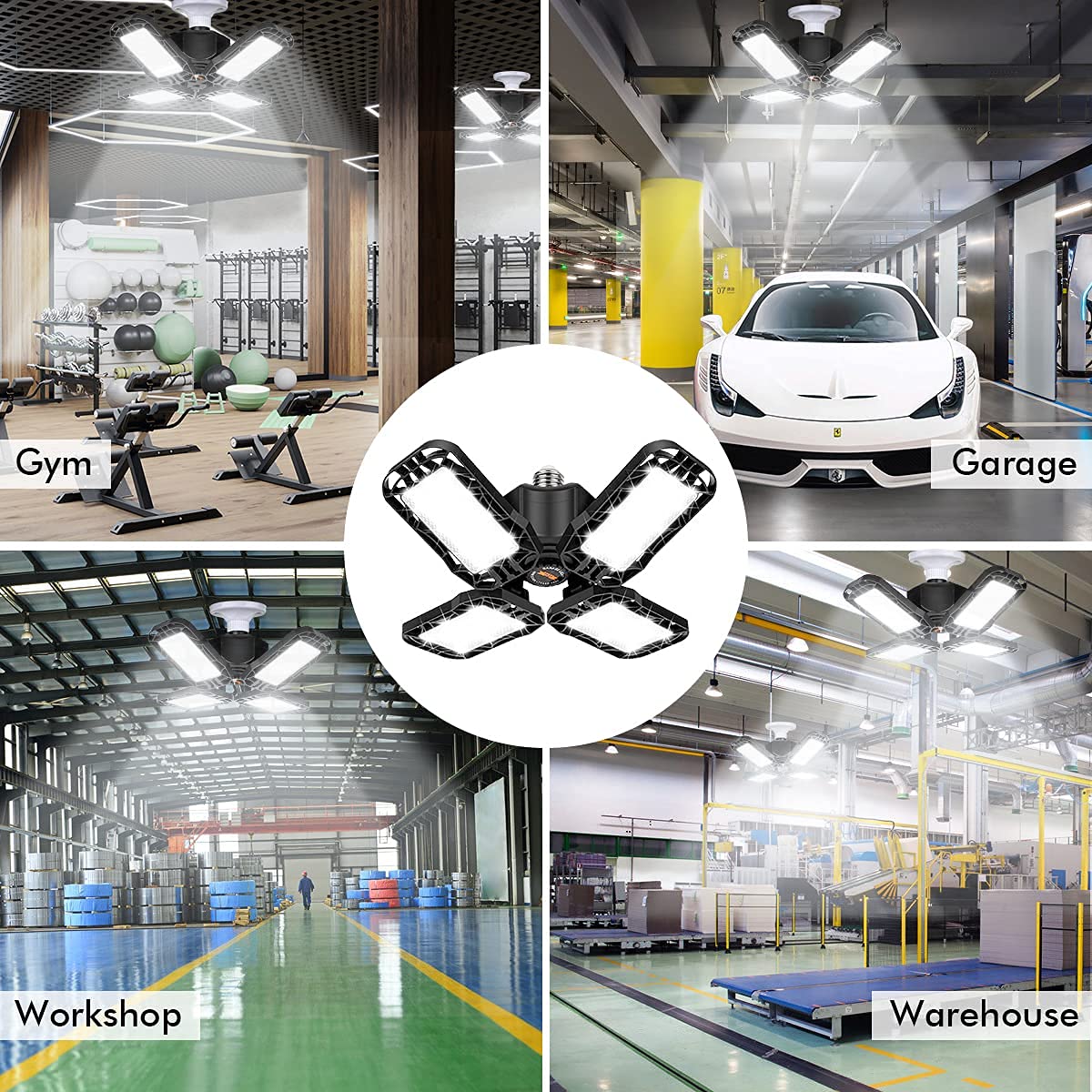 Tudoccy LED garage light 4-pack adjustable panels for precise angles.