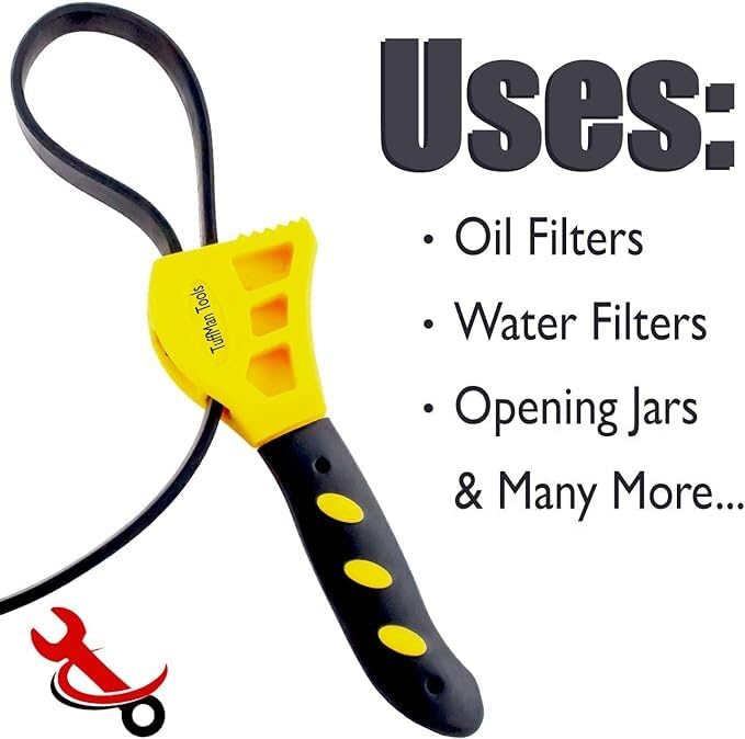 TuffMan Tools strap wrench removing oil filter with secure, slip-free grip