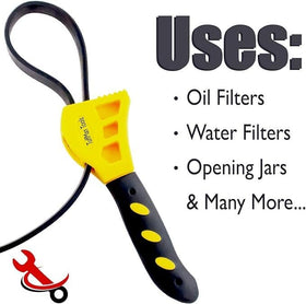 TuffMan Tools strap wrench removing oil filter with secure, slip-free grip