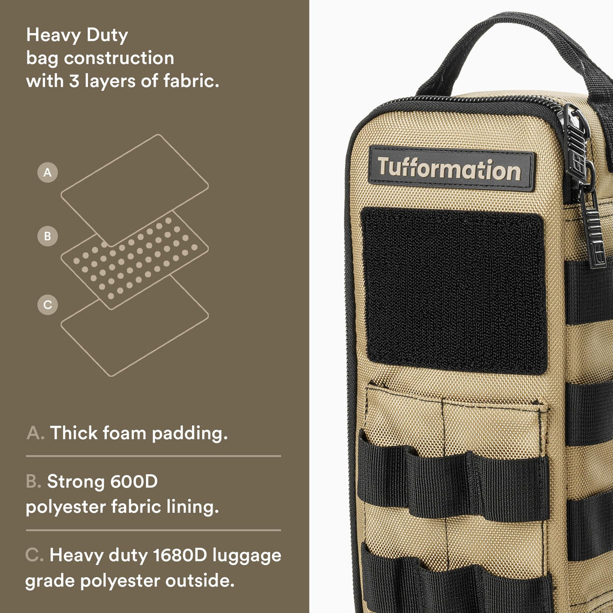 Tufformation tool bag MOLLE webbing supports accessories for quick setup
