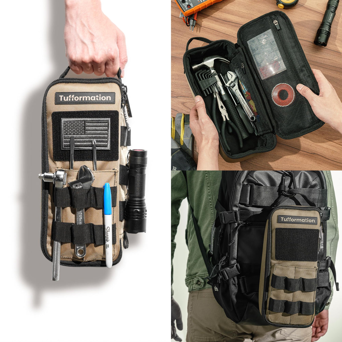 Tufformation tool bag open compartments reveal easy access to small tools