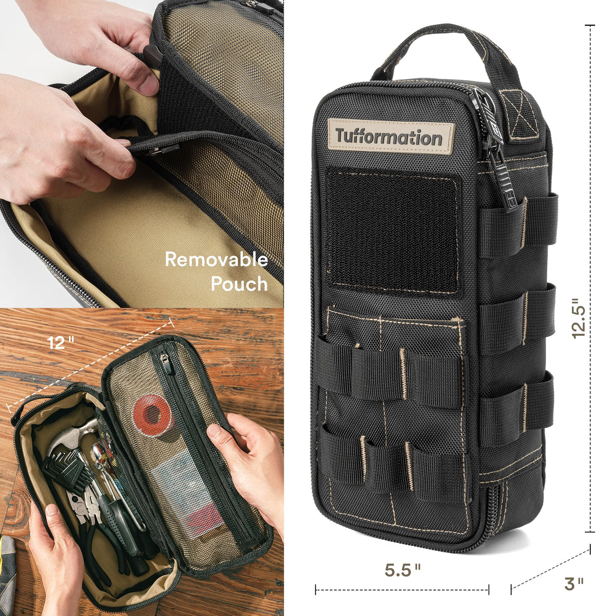 Tufformation tool bag side view shows organized pockets for quick access