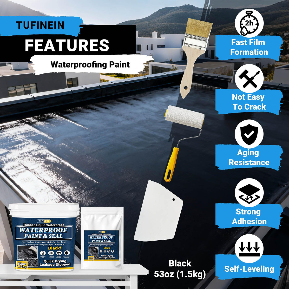 Tufinein waterproof sealant forms a durable membrane on surfaces.