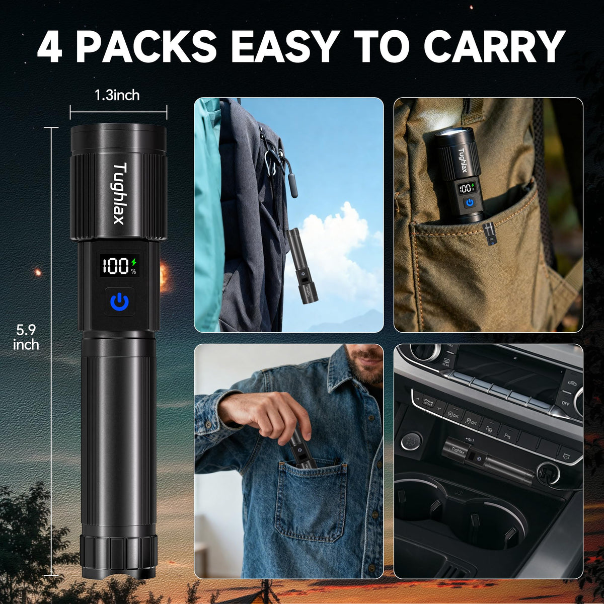 Tughlax 4Pack flashlight includes USB-C cables and a user manual for setup